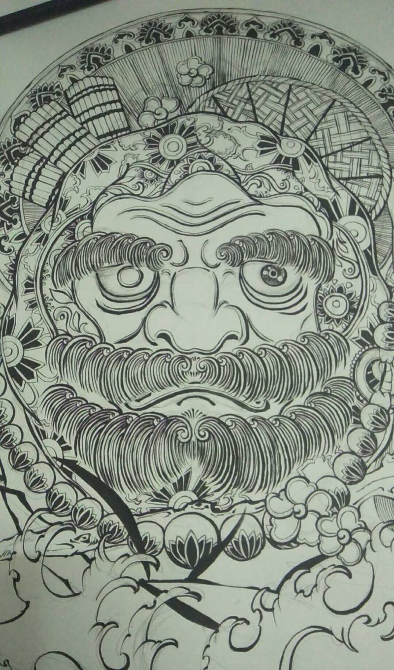 达摩一苇渡江手稿纹身图片_腿部胸部纹身图案