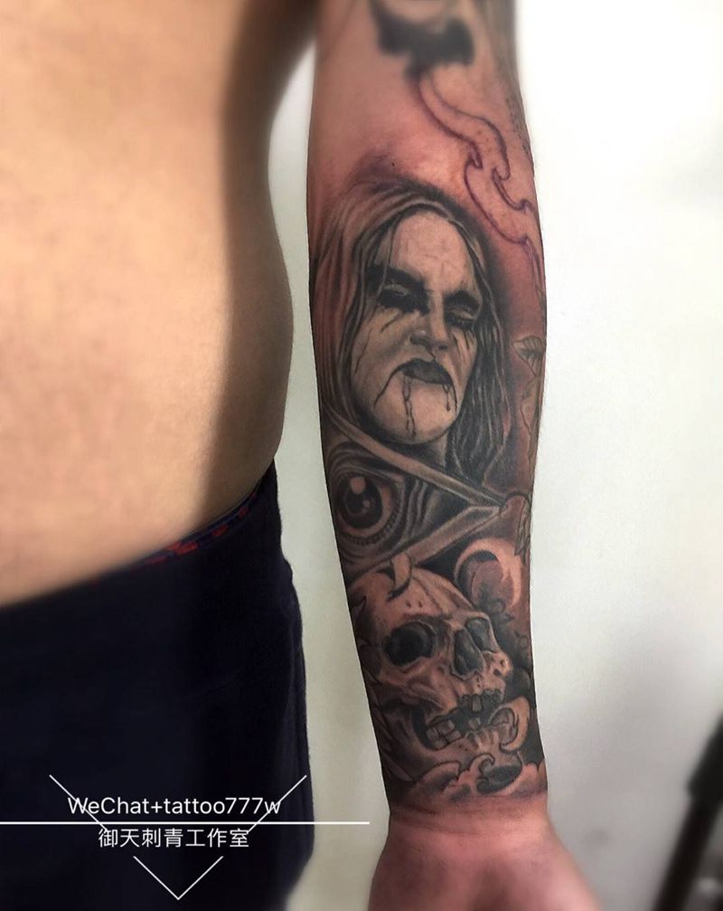 拼接包臂下次继续纹身图片_成品手臂写实传统人物鬼神纹身图案