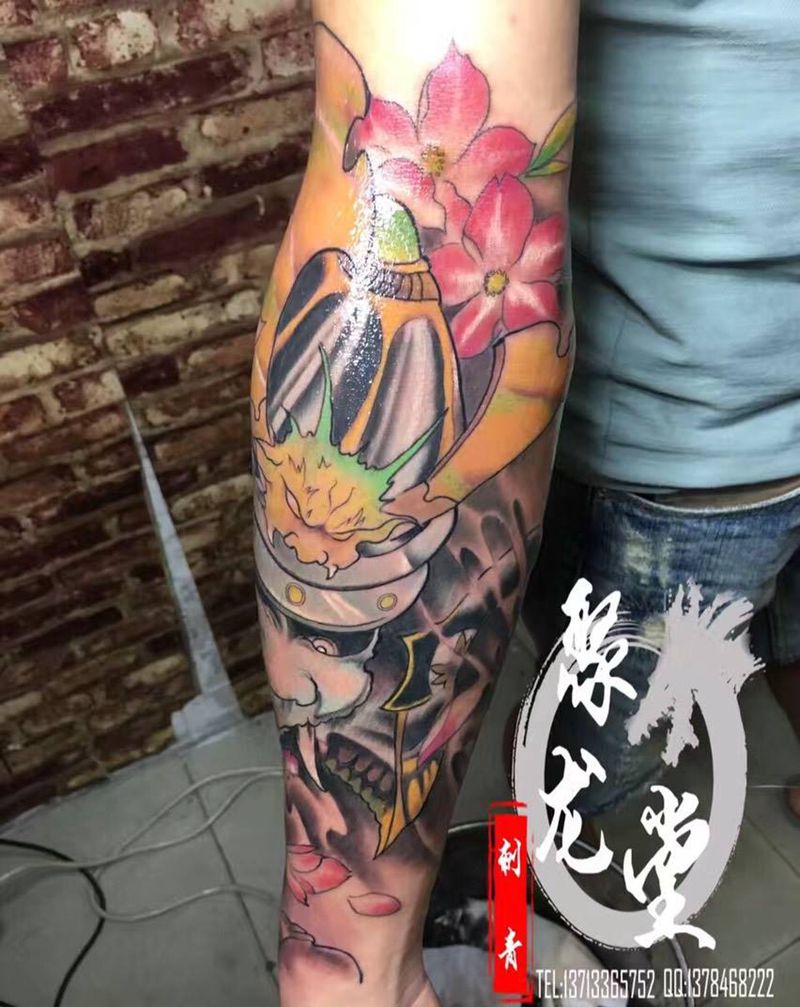 鬼武士纹身图片_成品手臂传统鬼神纹身图案
