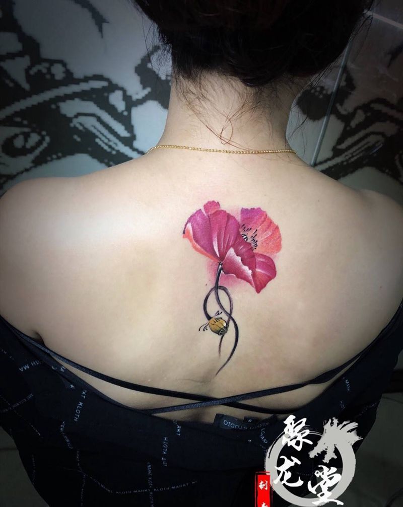 罂粟花纹身图片_颈部水彩水墨纹身图案