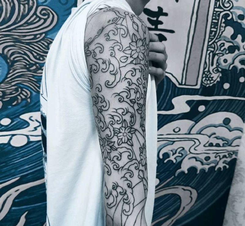 日式浪花纹身图片_手臂老传统海浪樱花纹身图案