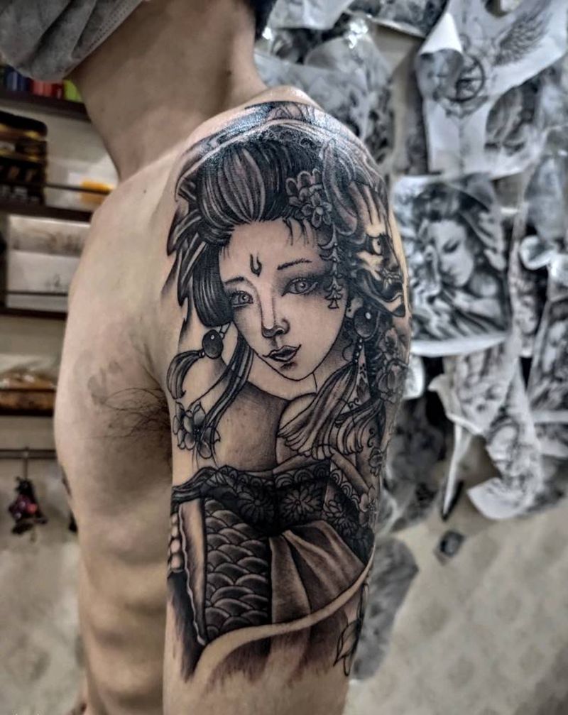 仕女纹身图片_手臂新传统仕女艺伎纹身图案