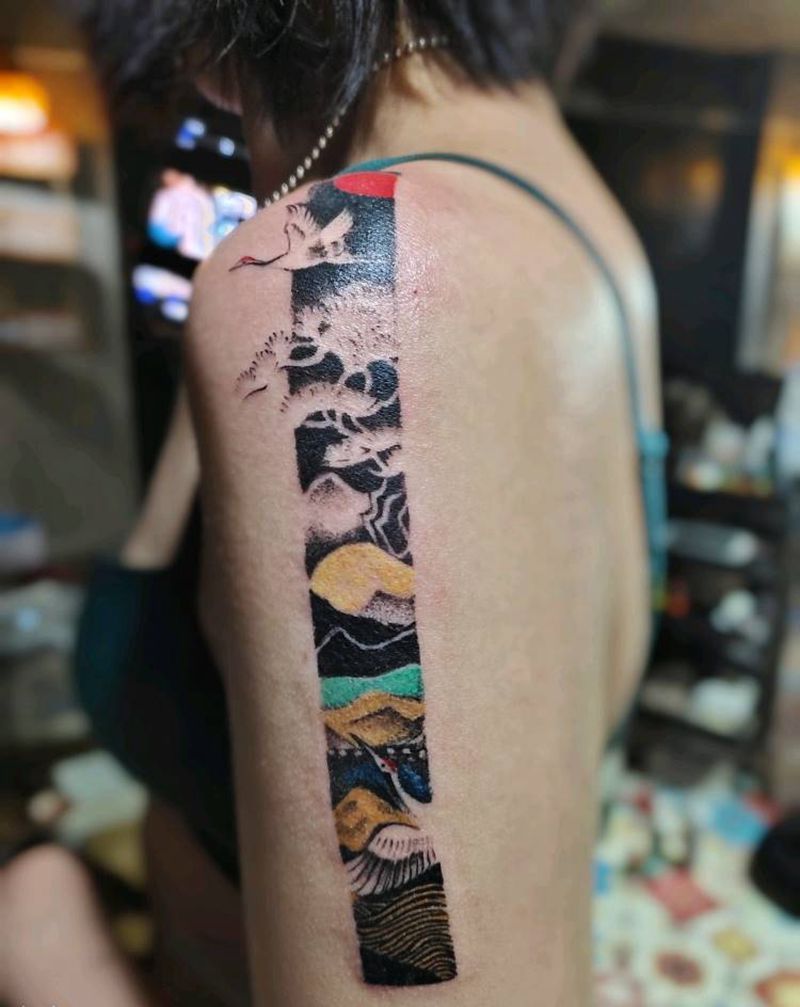 鹤纹身图片_手臂水彩纹身图案