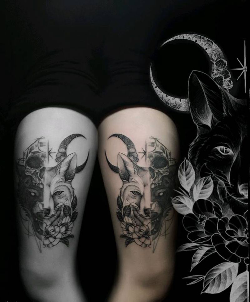 狐狸纹身图片_腿部欧美写实点刺纹身图案