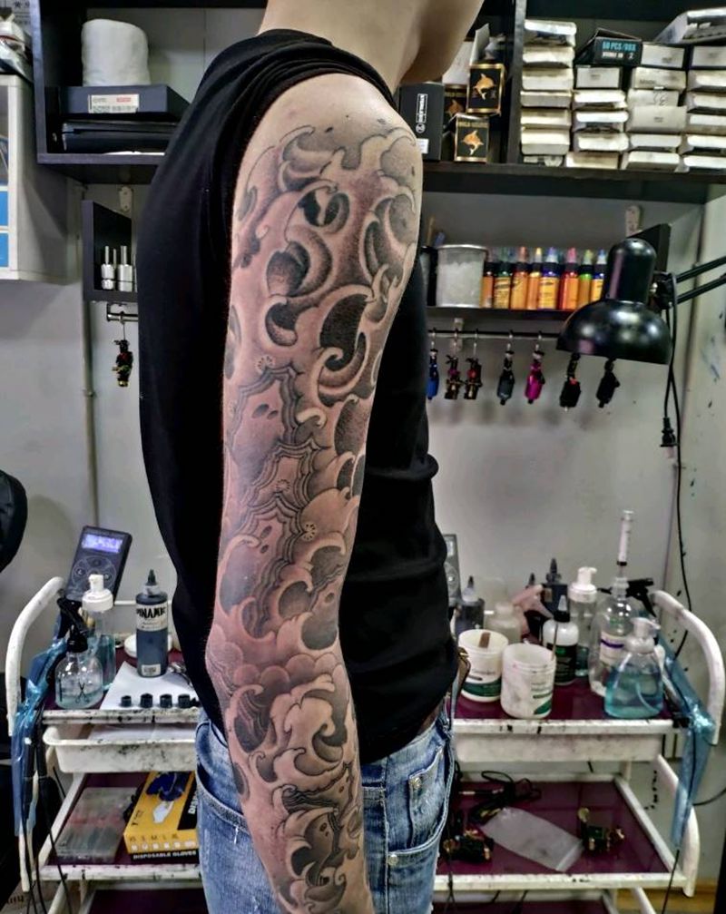 水浪花臂纹身图片_手臂新传统水浪纹身图案