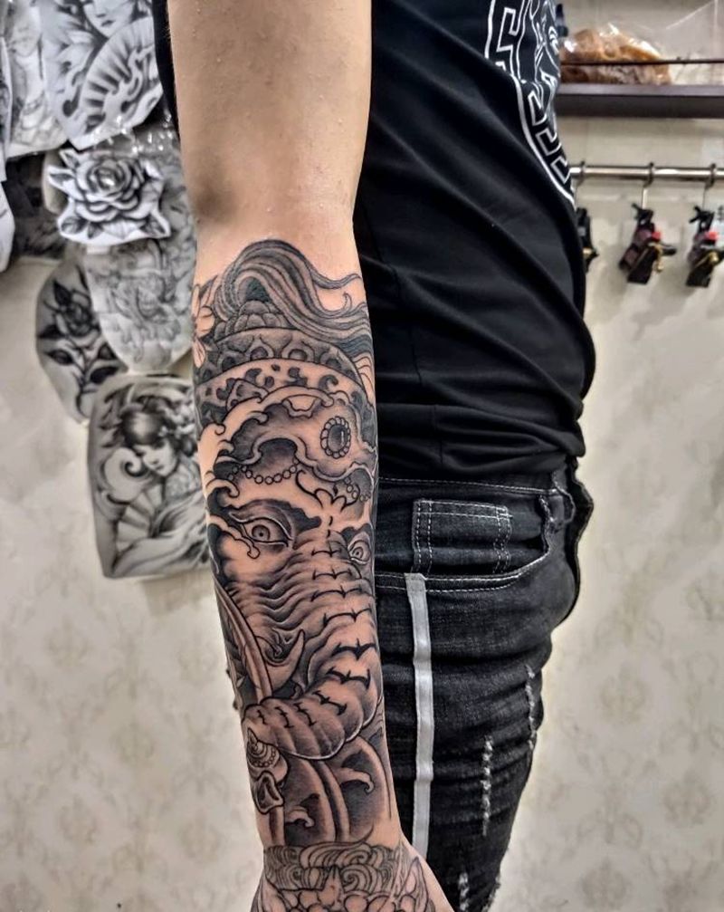 象神纹身图片_手臂新传统象神纹身图案
