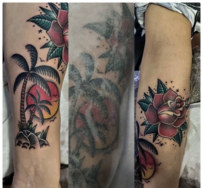 old school风格纹身图片_手部Old School玫瑰椰子树纹身图案