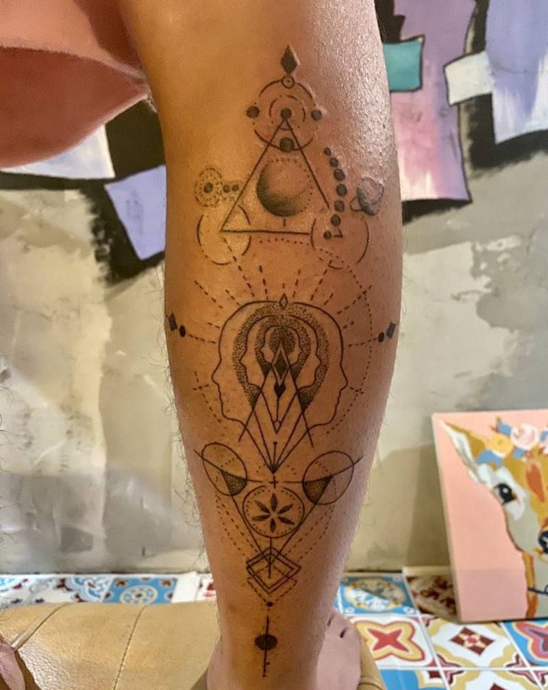 几何点刺纹身图片_腿部点刺几何纹身图案