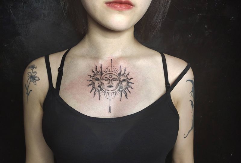 太阳纹身图片_胸部太阳纹身图案