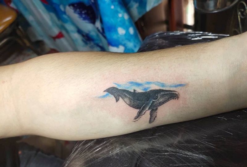 鲸纹身图片_手部点刺遮盖旧纹身图案