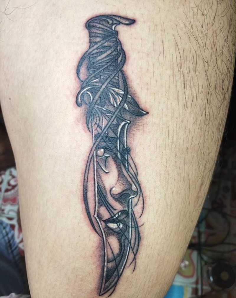 匕首纹身图片_腿部匕首纹身图案