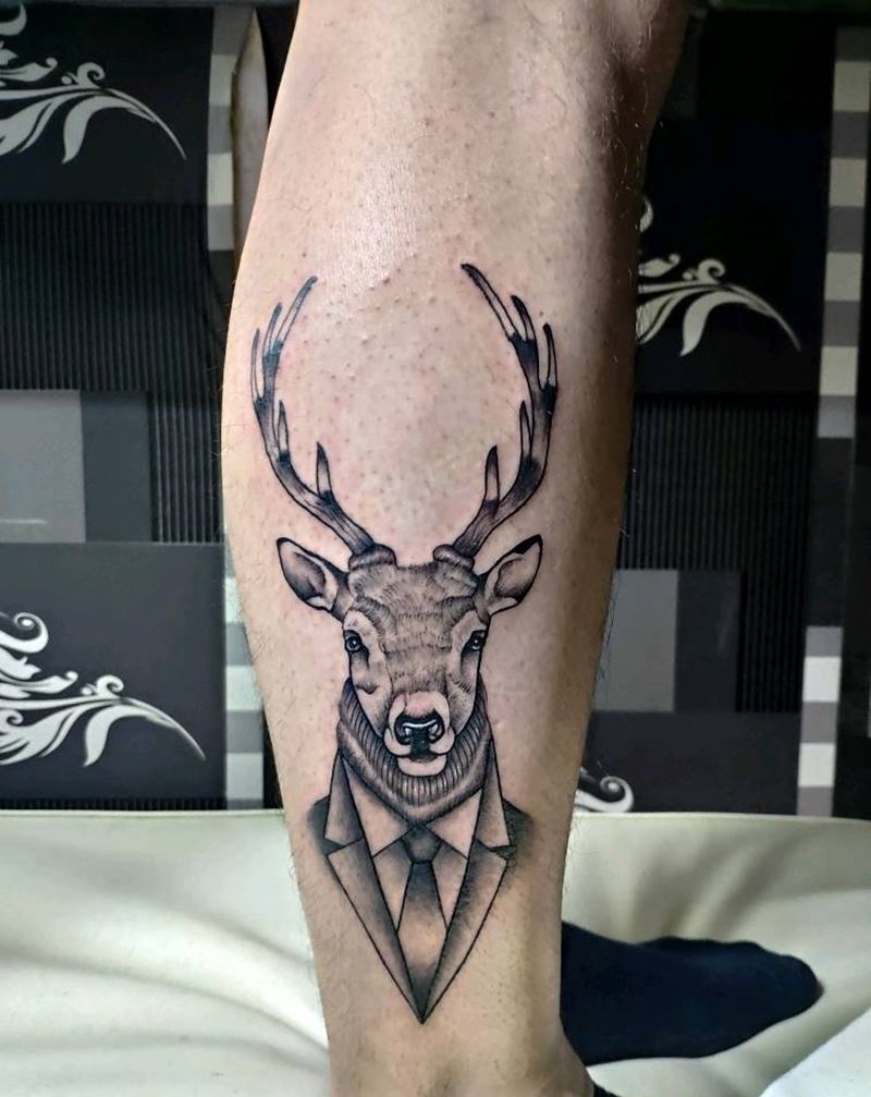 鹿纹身图片_腿部几何纹身图案