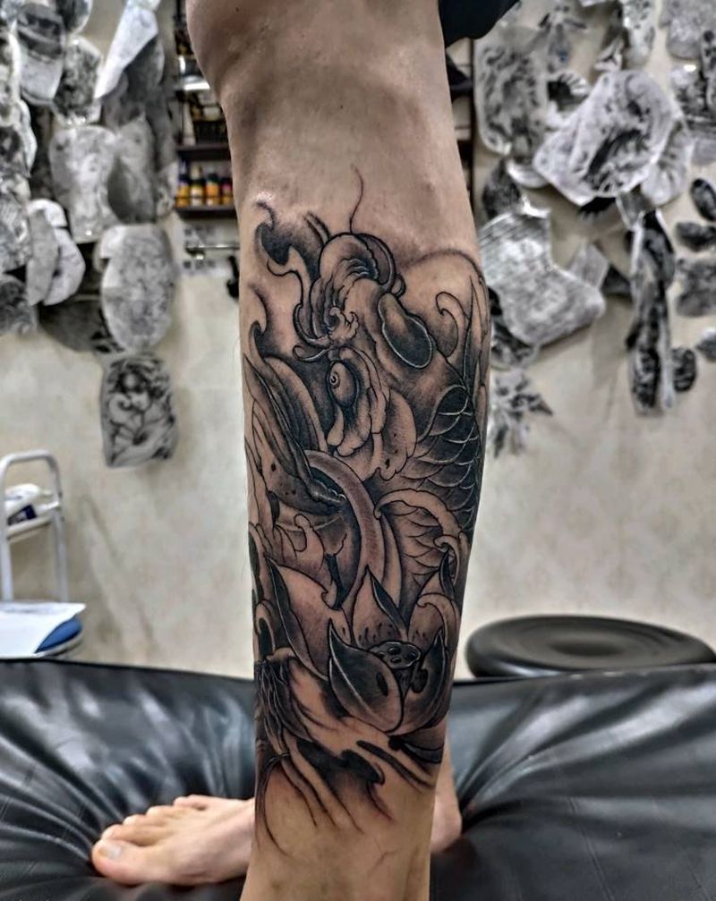 鲤鱼纹身图片_腿部新传统鱼纹身图案