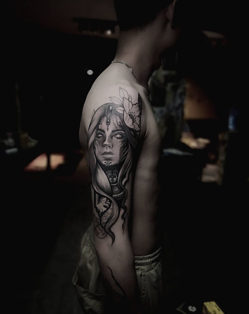 暗黑女神纹身图片_手臂欧美写实暗黑纹身图案