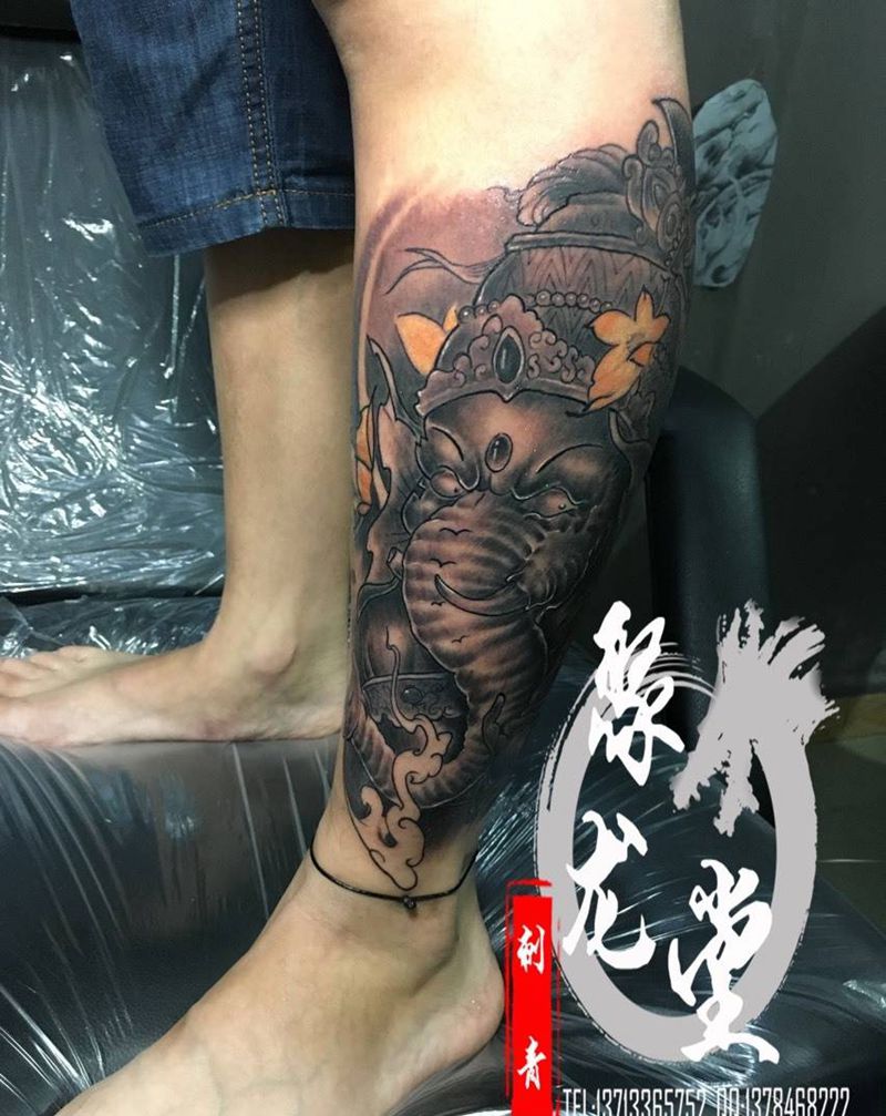象神纹身图片_成品腿部传统纹身图案