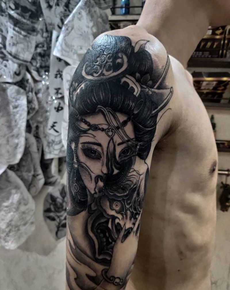 掩面艺伎纹身图片_手臂新传统艺伎 班若仕女纹身图案