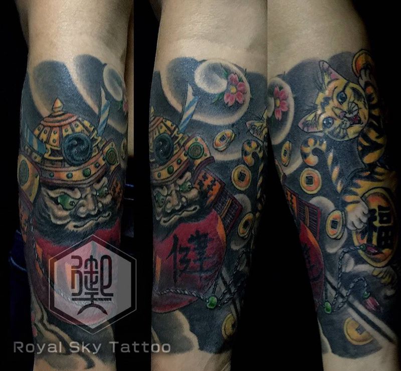 罗汉加猫纹身图片