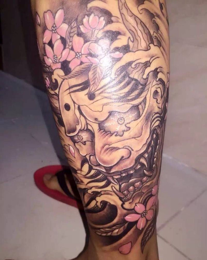 纹忆刺青  般若包小腿纹身图片