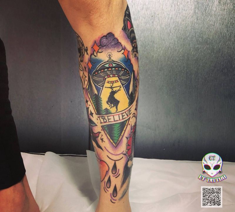 小腿拼接纹身图片