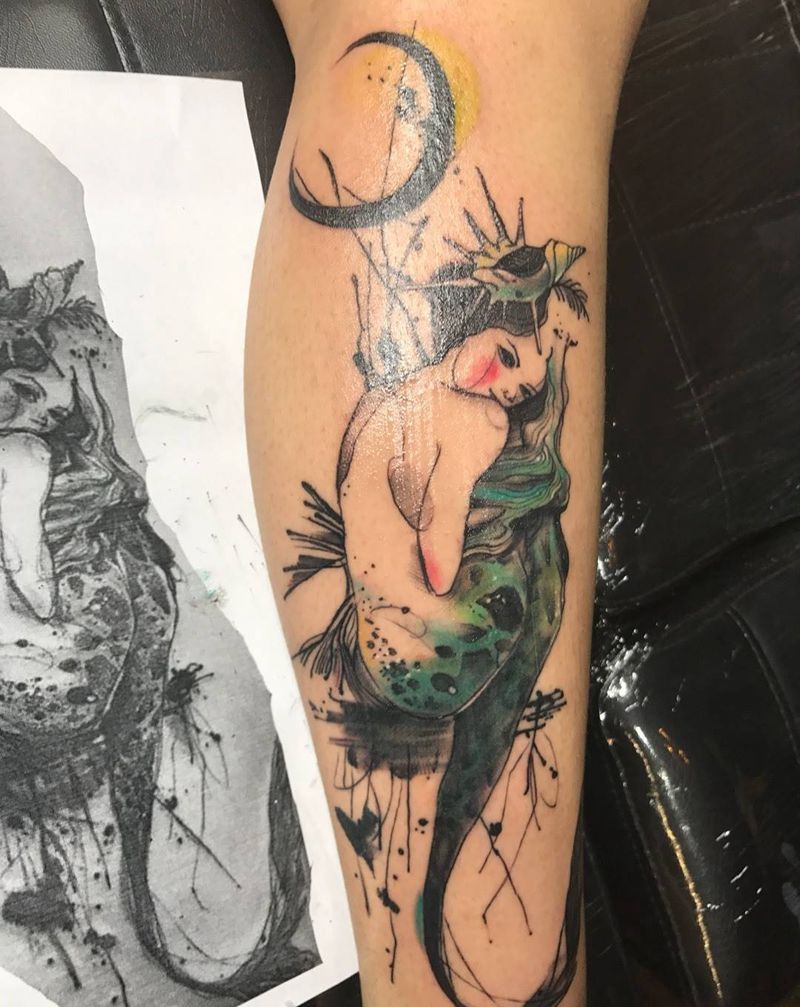 美人鱼纹身图片_成品手稿插画腿部欧美清新人物纹身图案