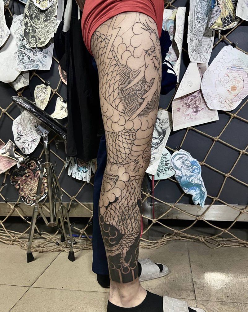 花腿龙.纹身图片_腿部老传统龙纹身图案