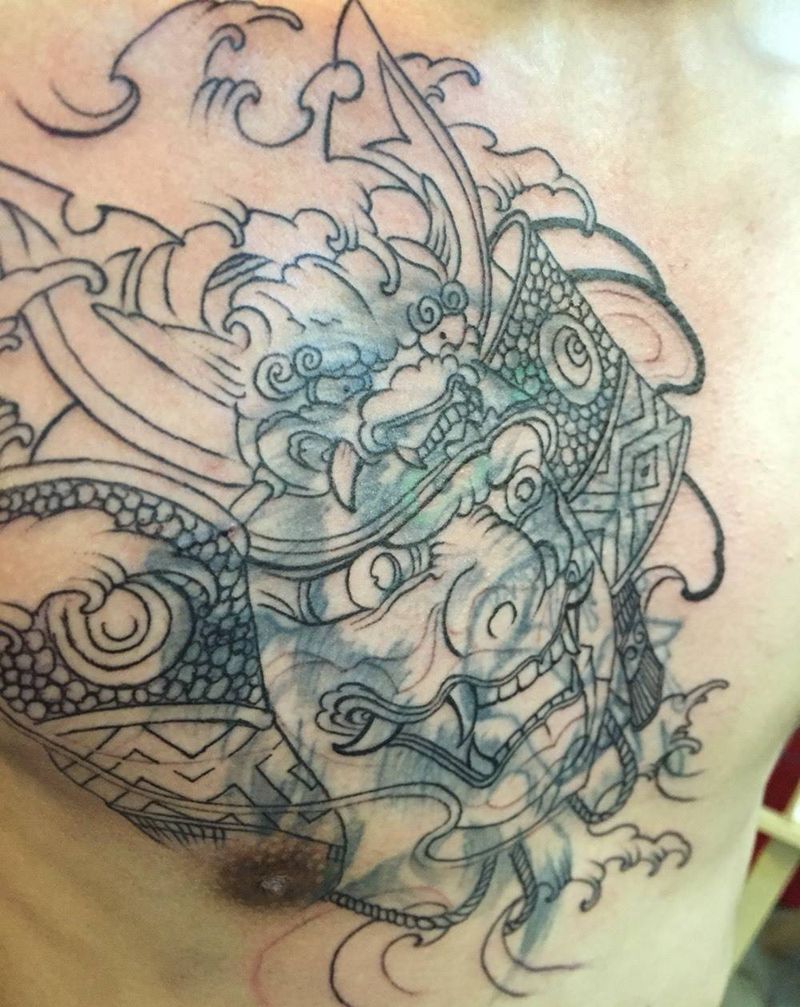 纹忆刺青出品，鬼武士盖狼头未完成纹身图片