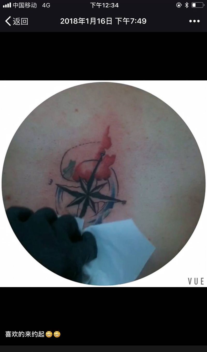 指南针纹身图片_背部水彩水墨纹身图案