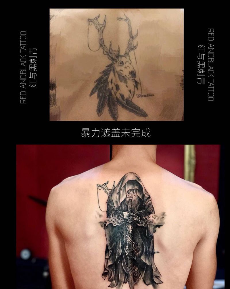 半背遮盖未完成纹身图片