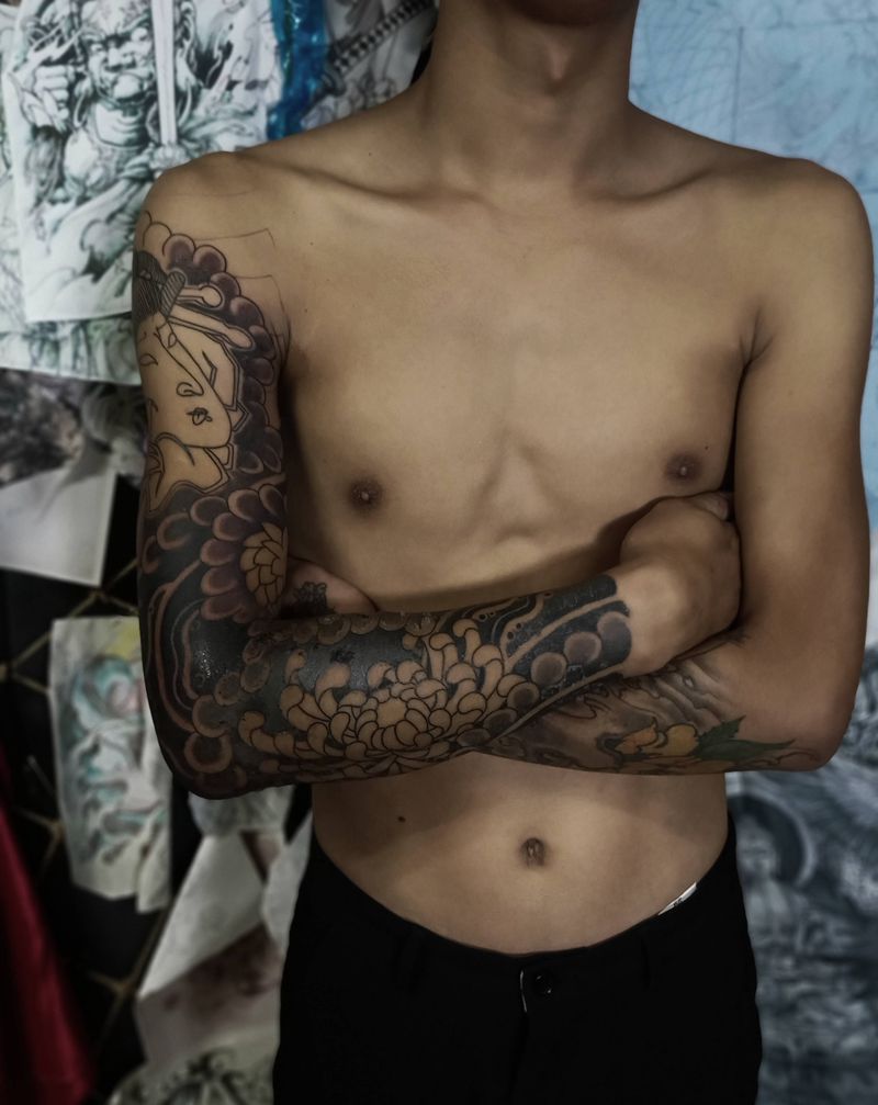 整条花臂1800.纹身图片_手臂手部老传统纹身图案