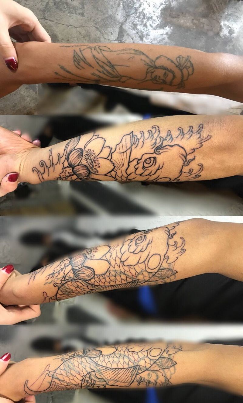 鲤鱼遮盖失败艺伎纹身未上色纹身图片