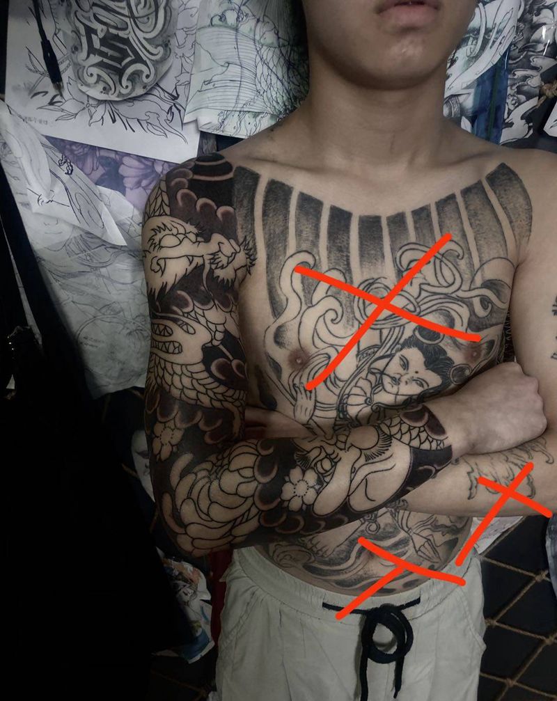 花臂龙 .纹身图片_手臂老传统龙.2500RMB.纹身图案