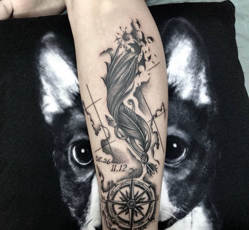 羽毛指南针纹身图片