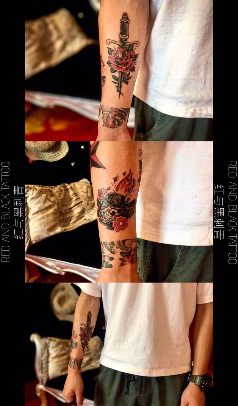 花臂拼接未完成纹身图片