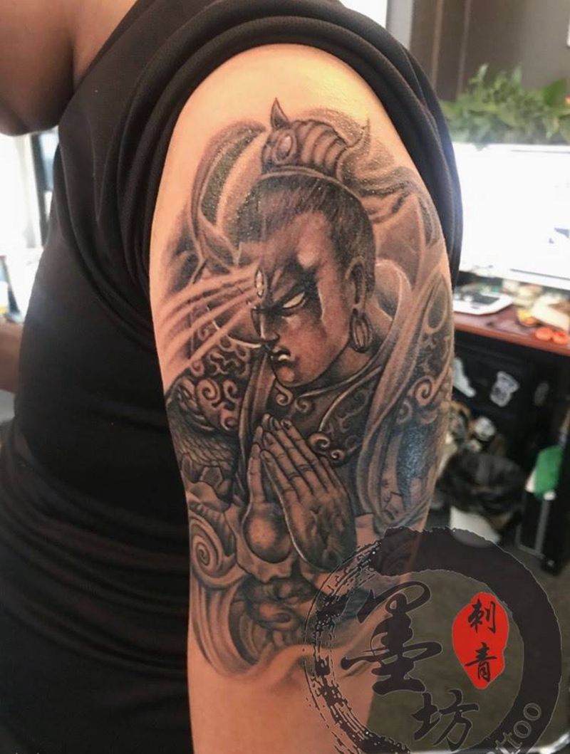 二郎神纹身图片_成品手臂传统人物纹身图案