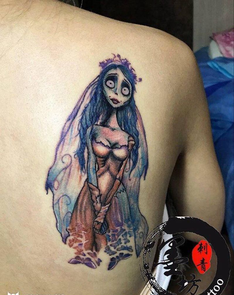 僵尸新娘纹身图片_成品背部欧美人物鬼神纹身图案