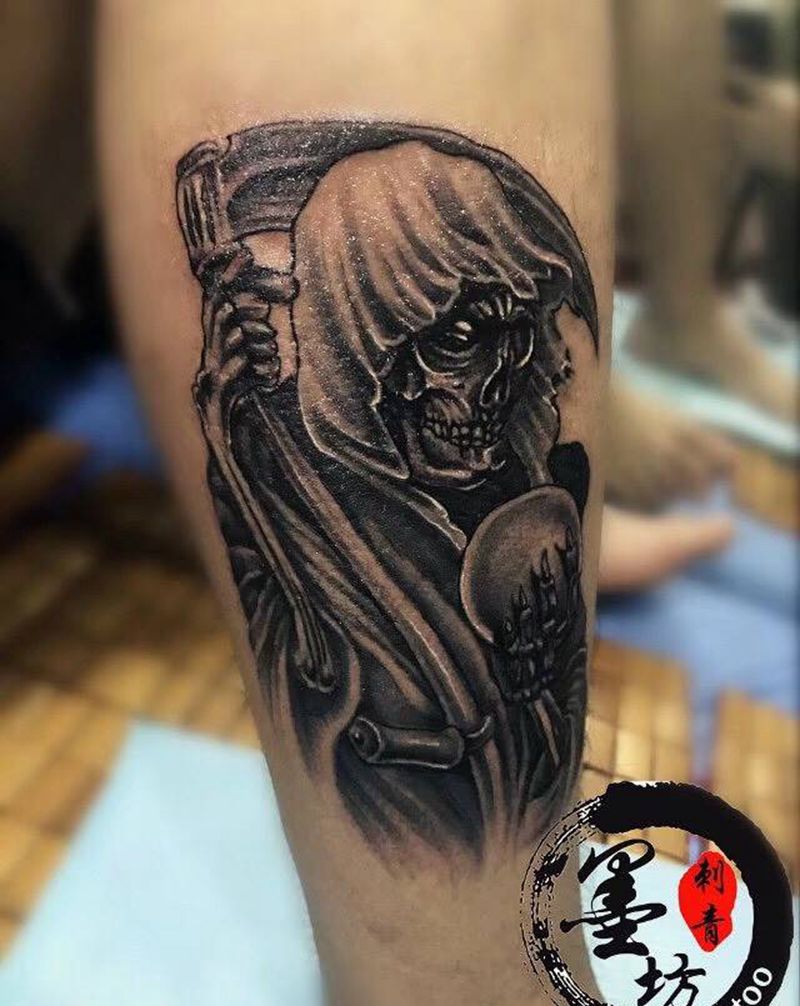 死神纹身图片_成品腿部鬼神纹身图案