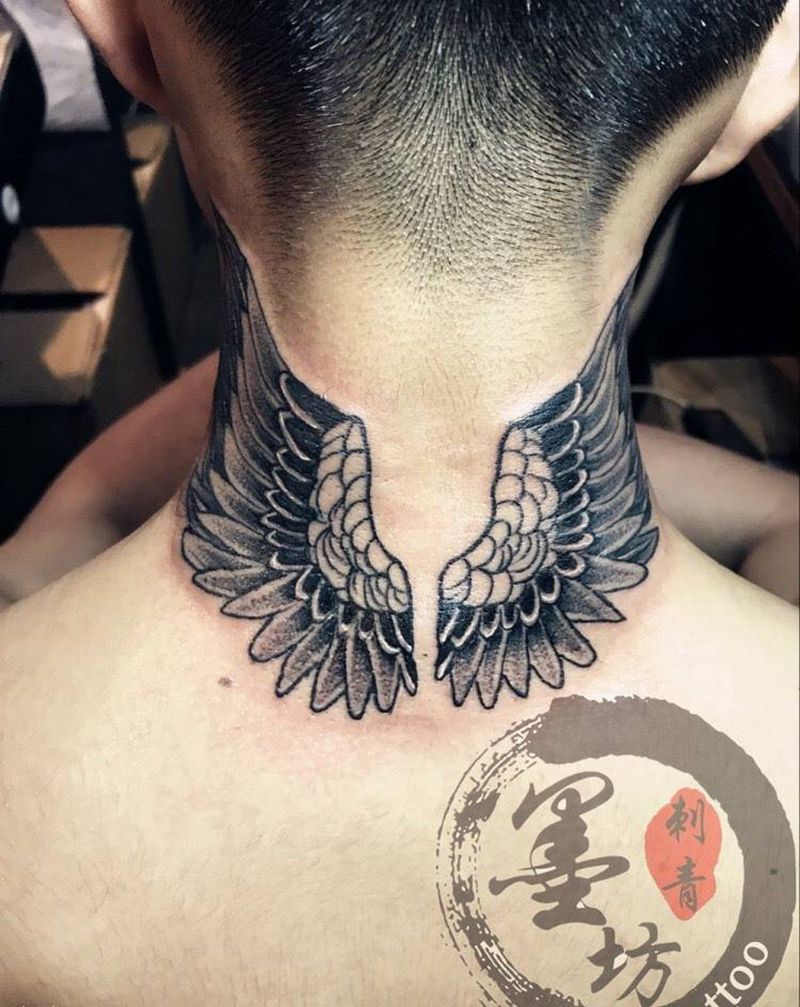 翅膀纹身图片_成品颈部清新动物原创纹身图案