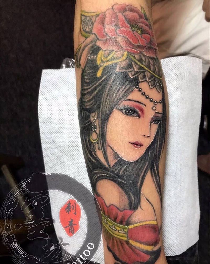 艺妓纹身图片_成品手臂传统人物纹身图案