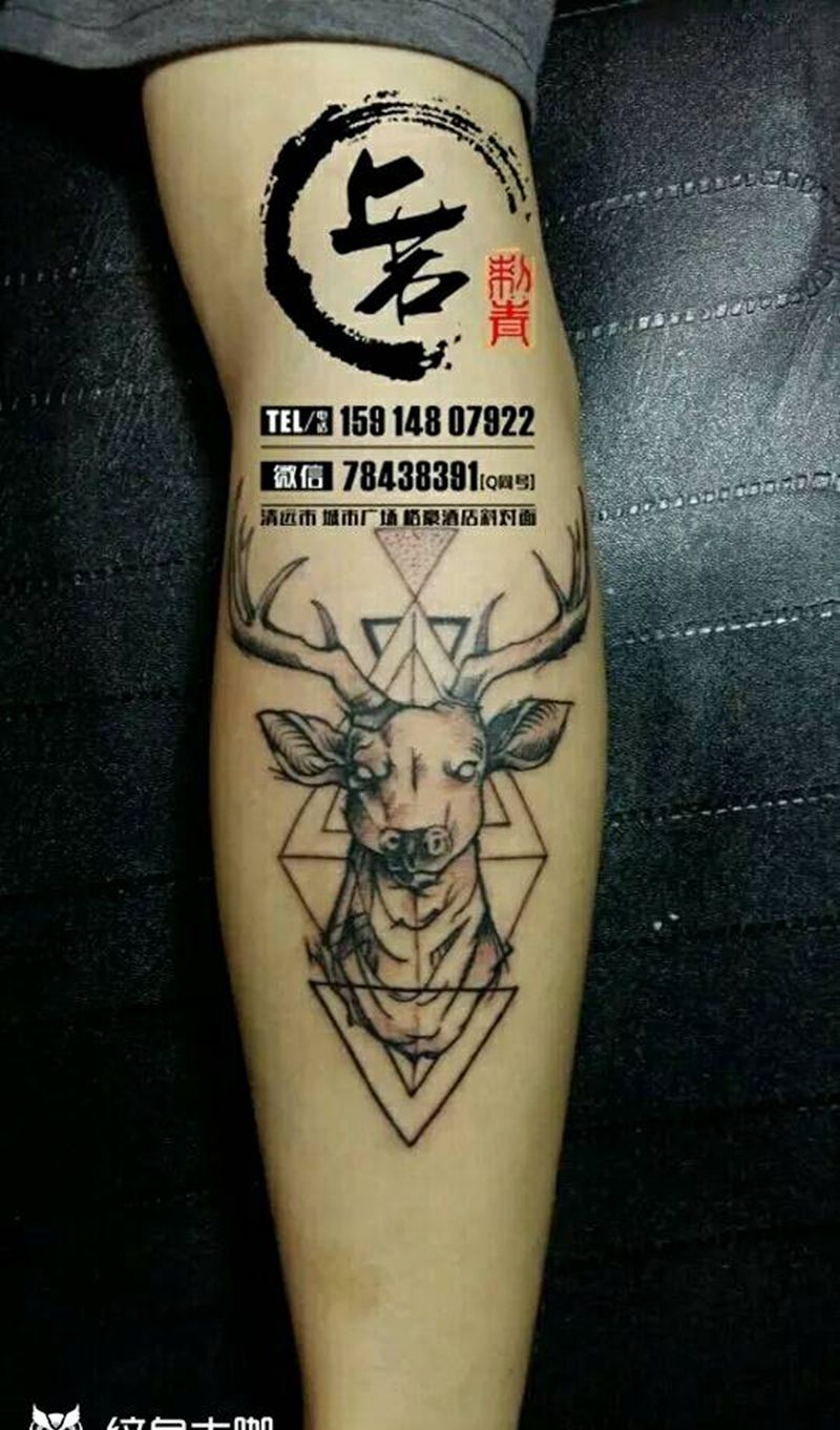 几何鹿头纹身图片_腿部欧美几何纹身图案