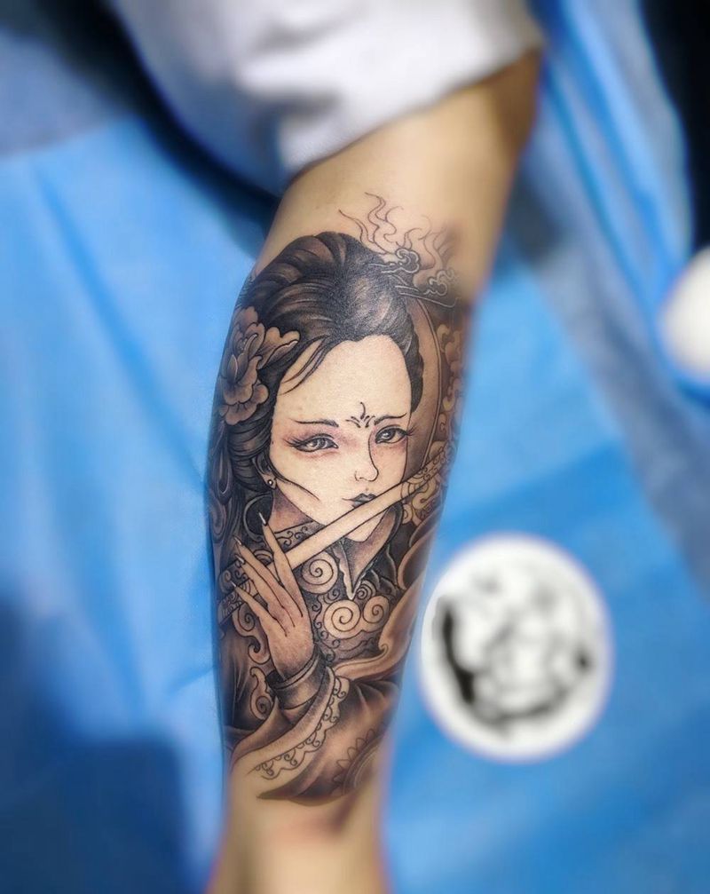 艺妓纹身图片_腿部新传统艺妓纹身图案