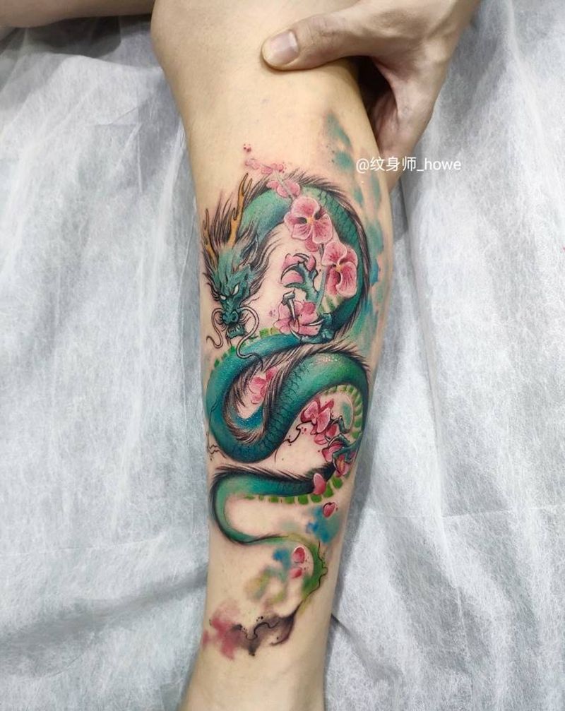 小青龙纹身图片_腿部水彩纹身图案