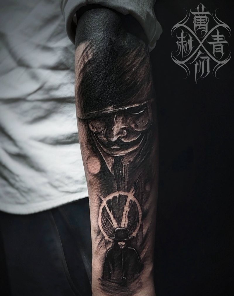 V字仇杀队纹身纹身图片_手臂欧美写实水墨V字仇杀队纹身图案
