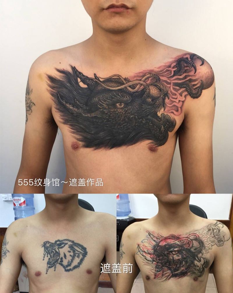 遮盖旧纹身纹身图片_成品手稿传统欧美肖像写实原创动物宗教背部纹身图案