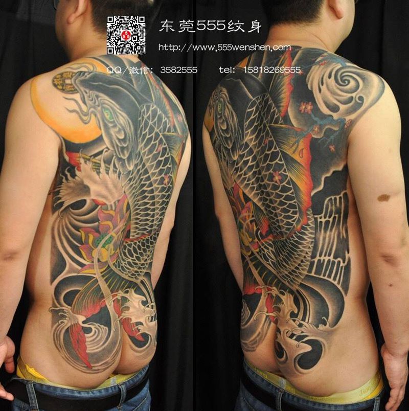 吉祥锦鲤纹身图片_成品背部传统动物东莞深圳广州纹身图案
