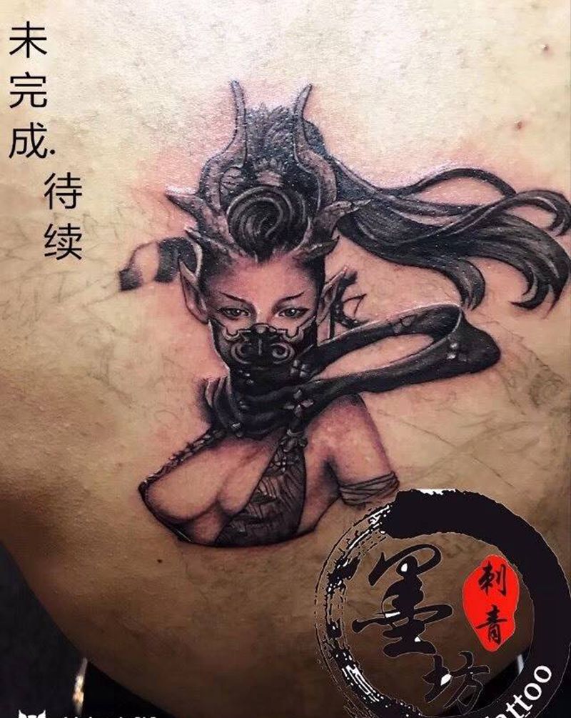 龙女纹身图片_成品背部肖像写实人物原创纹身图案