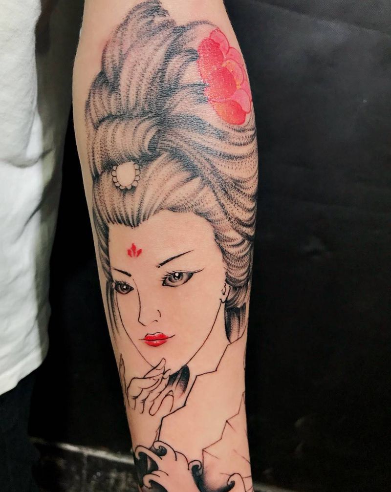 彩色艺妓纹身图片