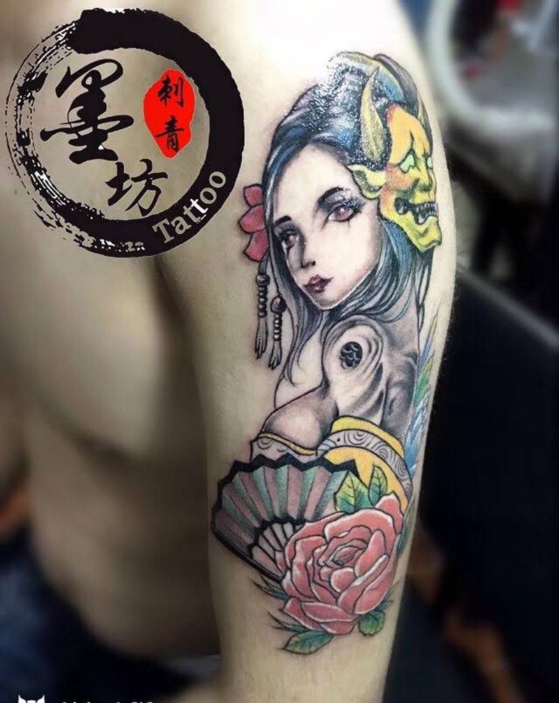 艺妓纹身图片_成品手臂传统人物纹身图案