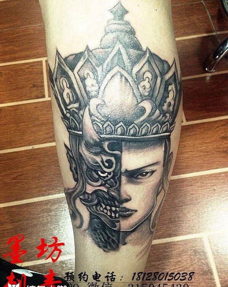 半魔半僧纹身图片_成品腿部人物纹身图案