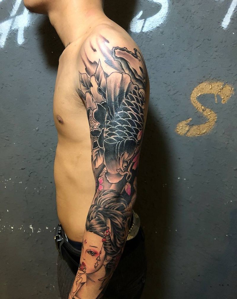 花臂鲤鱼艺妓纹身图片