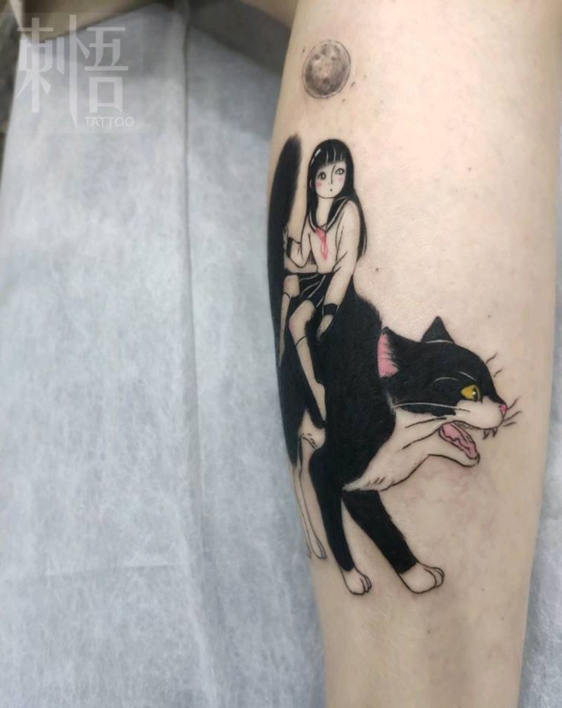 客人的喵纹身图片_腿部纹身图案